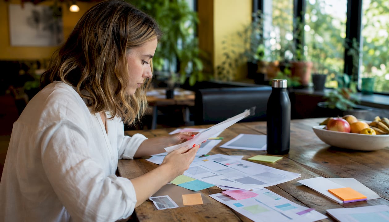 Hands arranging campaign planning sheets on table