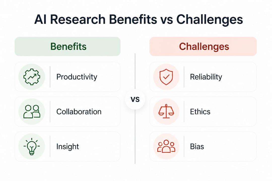 Infographic comparing AI research benefits and challenges