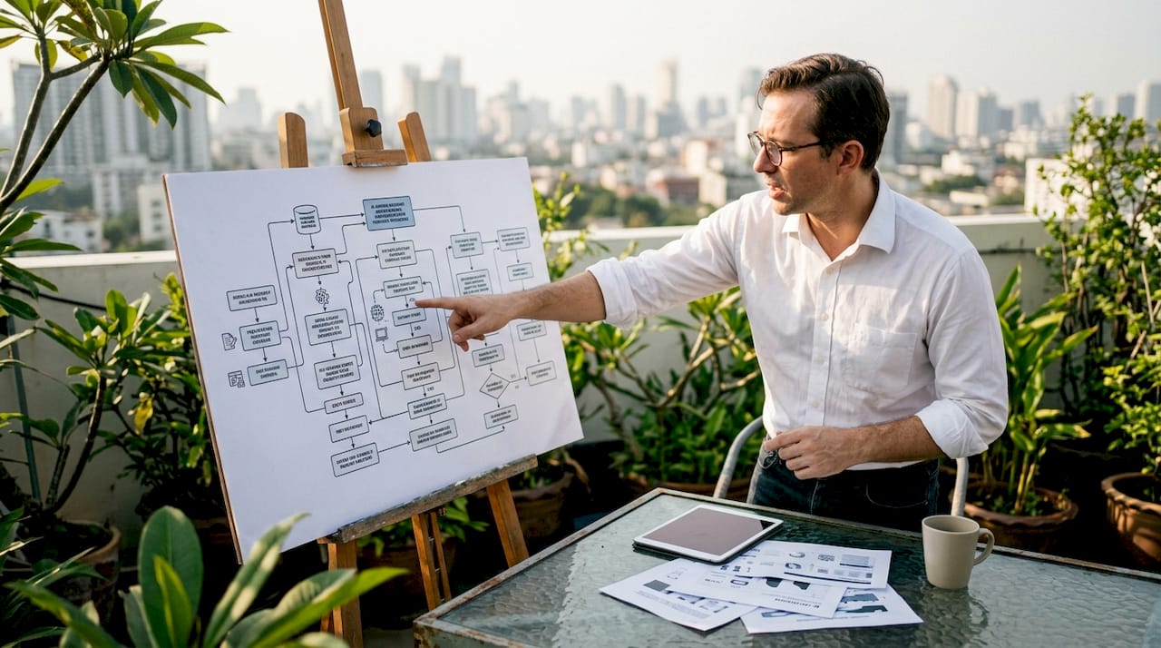 Male researcher pointing at AI workflow diagram