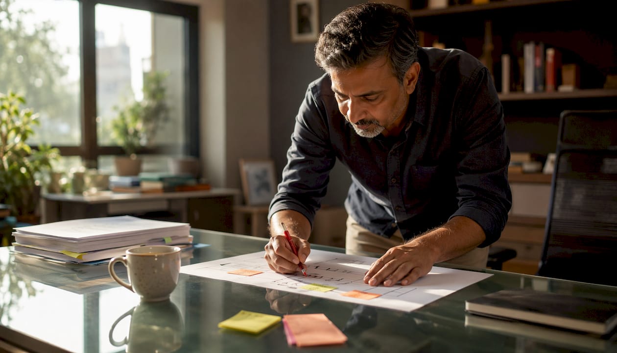 Man updating strategic blueprint at desk