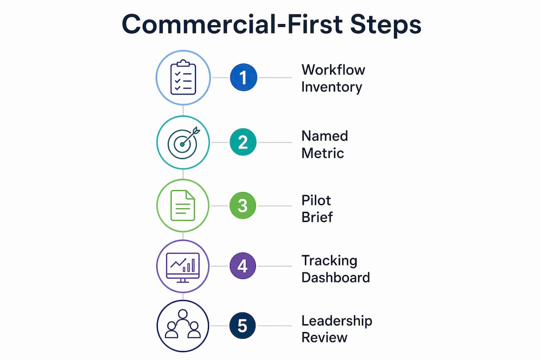 Vertical flow infographic of commercial-first implementation steps