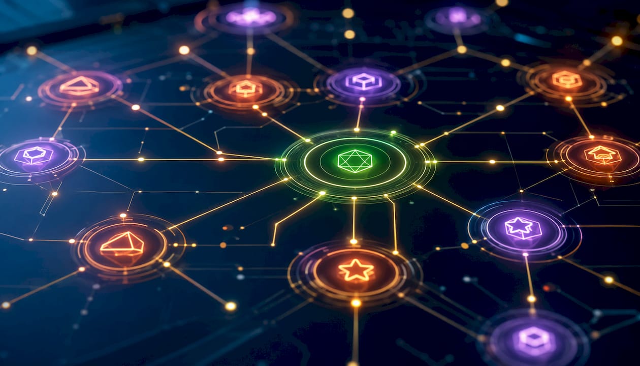 Isometric neon circuit hub with icons