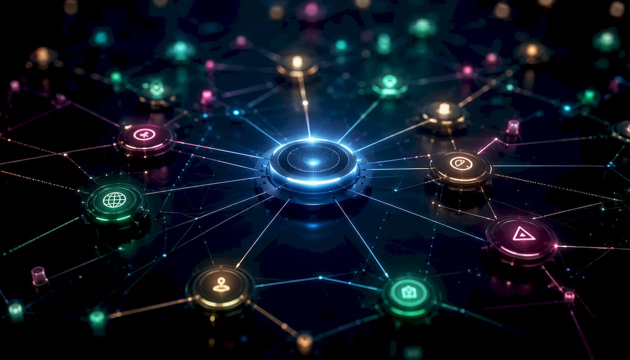 Isometric glowing AI circuit network with neon nodes
