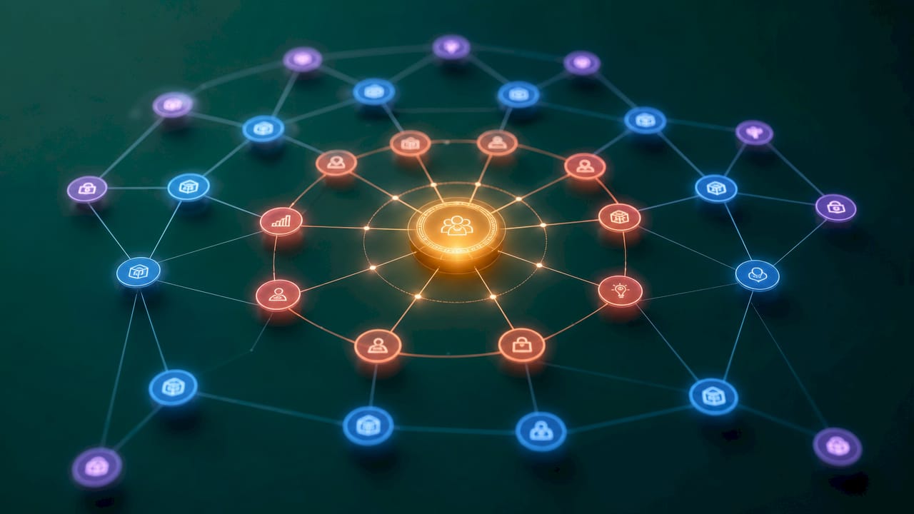 Neon radial grid illustrating brand, sales, performance links
