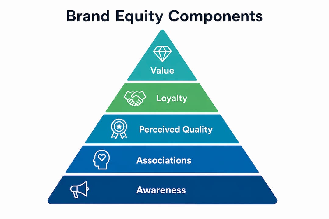 Infographic showing brand equity core component hierarchy
