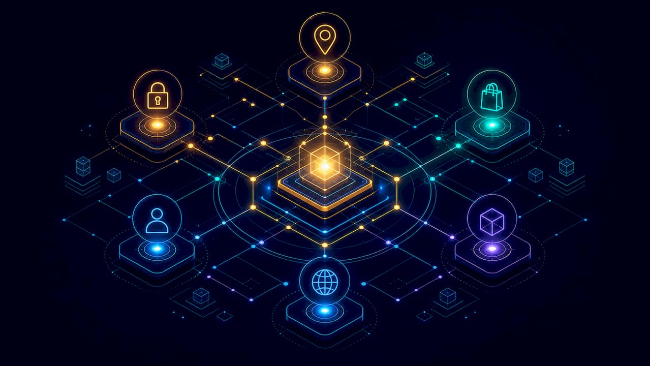 Abstract glowing tech grid with communication icons