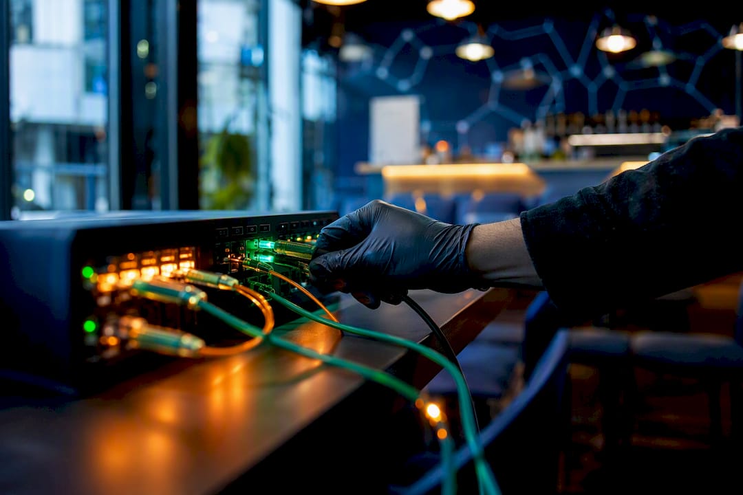 Hand connecting glowing network hub cable