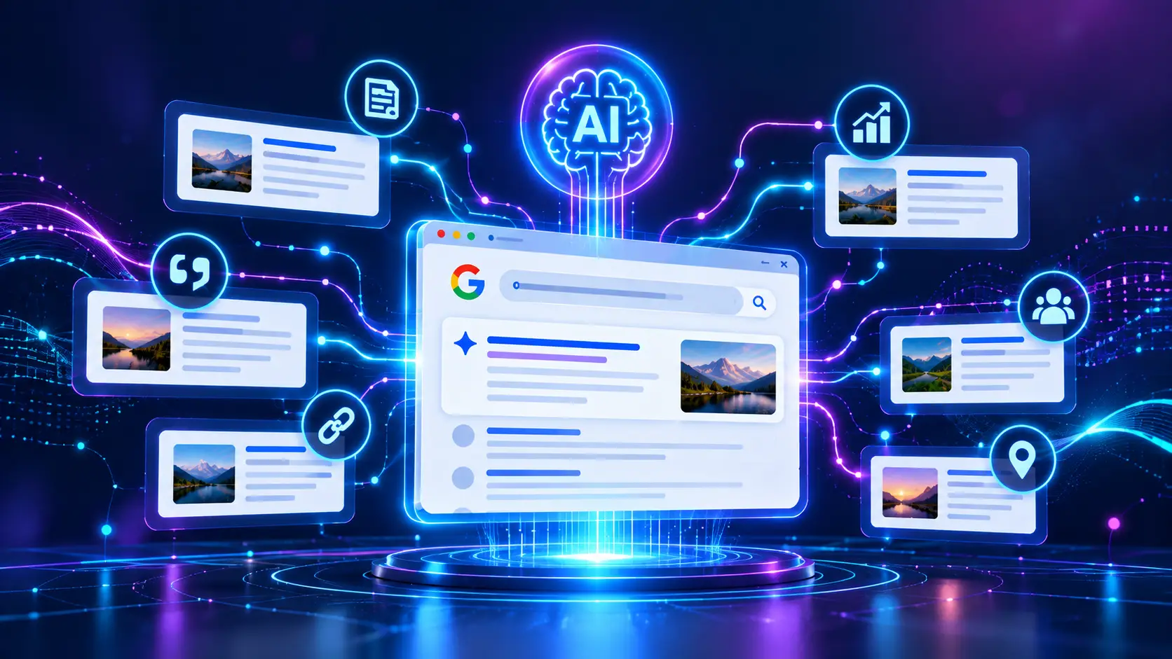 Futuristic digital graphic illustrating Google AI Overviews, featuring a central glowing search interface connected to citation snippets, data nodes, and AI analytics icons.