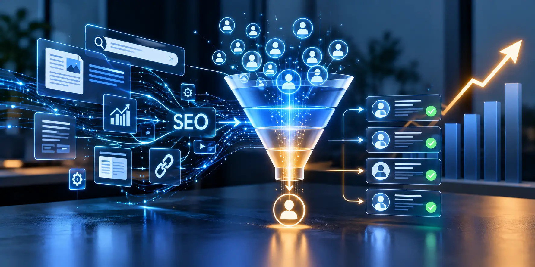 Digital illustration representing a B2B SEO sales funnel, showing search icons and data streams funneling leads into qualified sales prospects next to an upward growth chart.