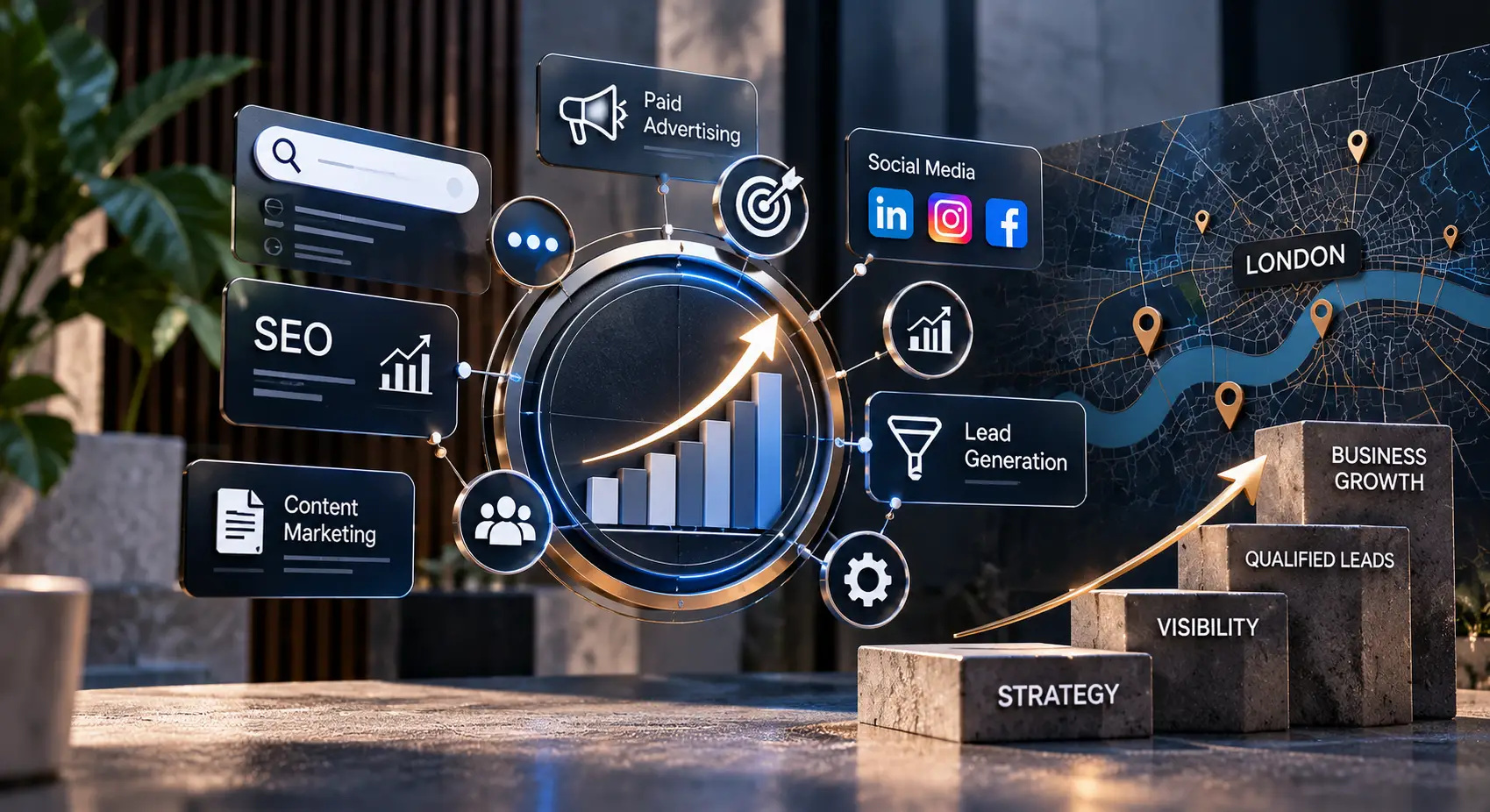Digital marketing infographic displaying SEO, Paid Advertising, Social Media, Content Marketing, and Lead Generation nodes linked to a growth chart and a map of London with location pins.