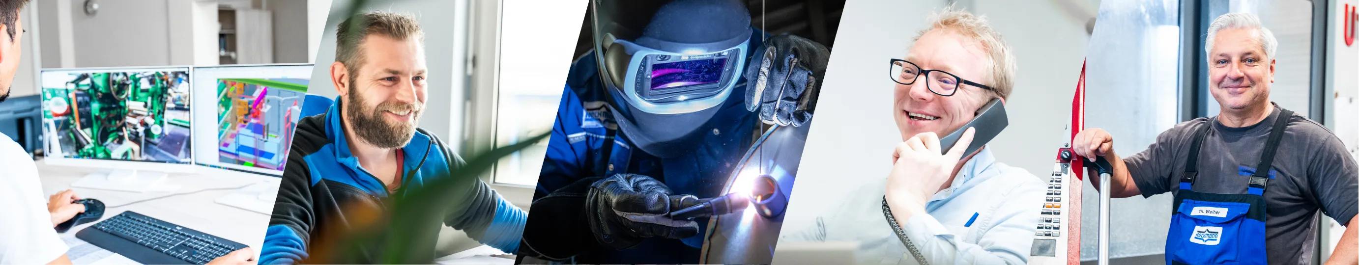 Collage of four scenes: a man working on a computer with technical 3D designs, a man smiling in a blue jacket, a welder in protective gear welding metal, and a man on the phone smiling, a fourth man in work overalls standing in front of industrial equipment.