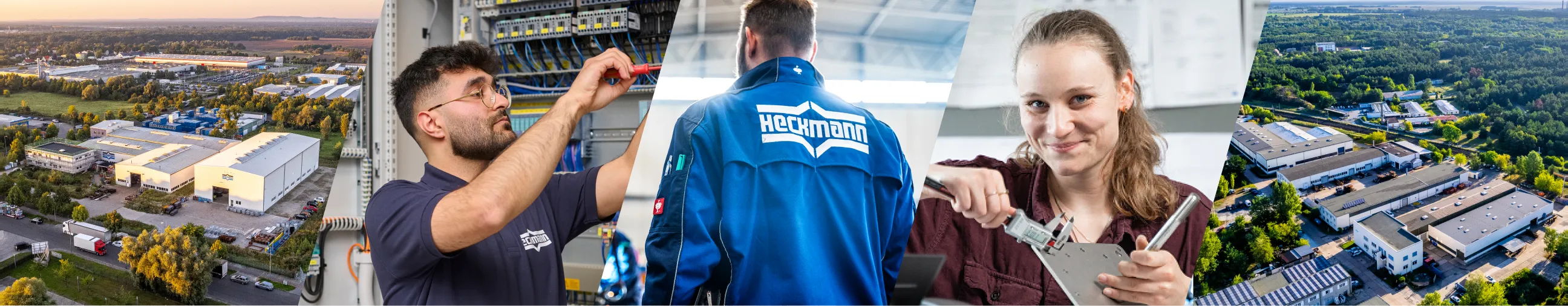 Collage with aerial views of industrial buildings and workers including a man repairing electrical wiring, a technician in a Heckmann jacket, and a woman measuring a metal part.