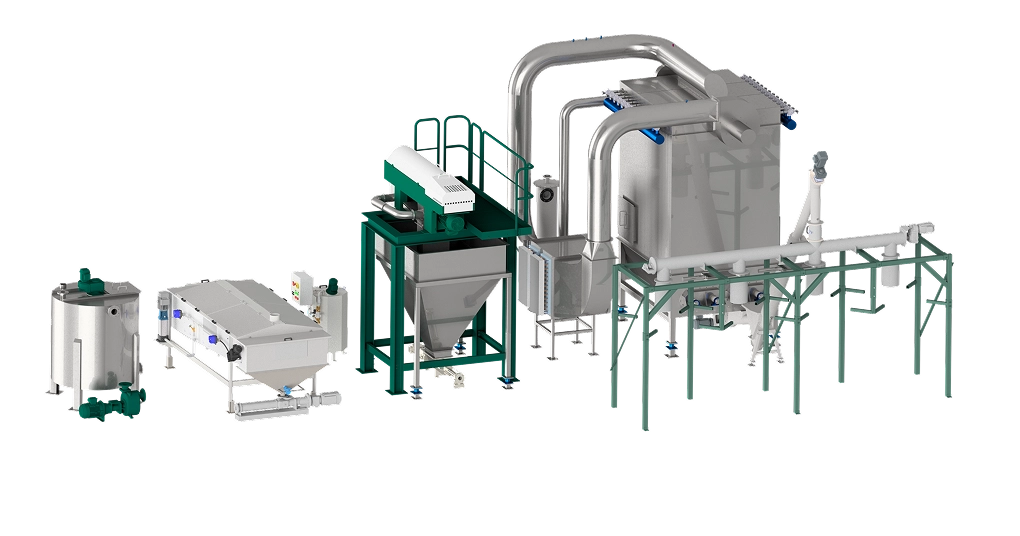Industrielle Anlagen zur Schlammbehandlung mit Rohren, Silos und Förderbändern in 3D-Ansicht.