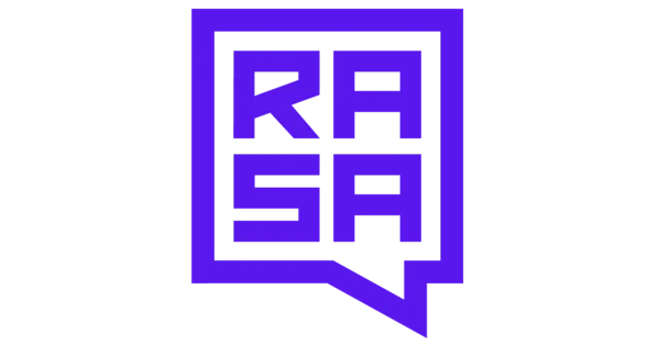 RASA logo with purple letters R, A, S, A inside black-bordered speech bubble shape.