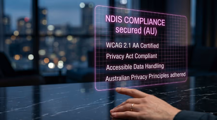 Hand pointing at floating text showing NDIS compliance and Australian privacy certifications.