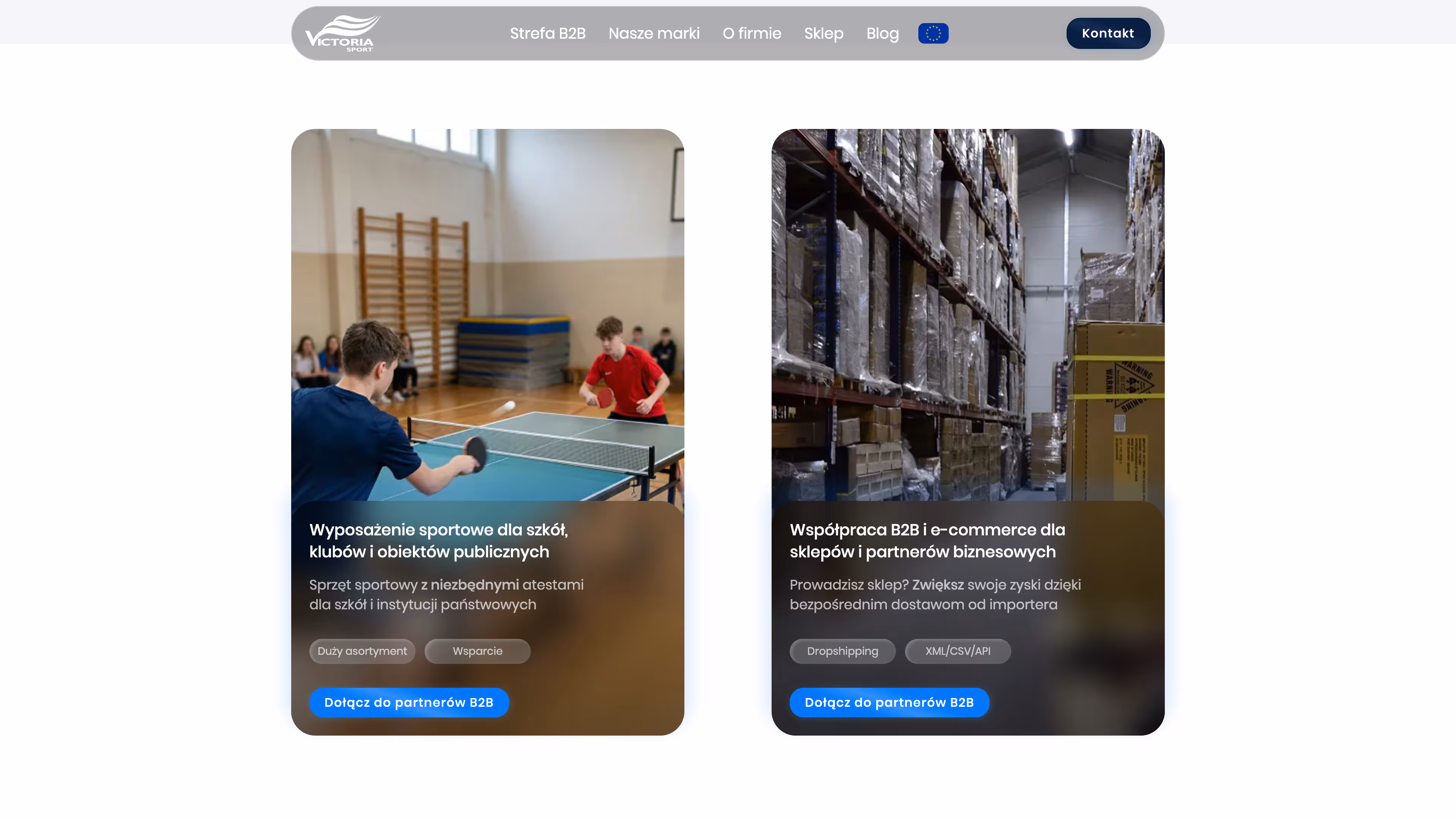 Two-panel webpage section with table tennis players on left and warehouse storage on right.