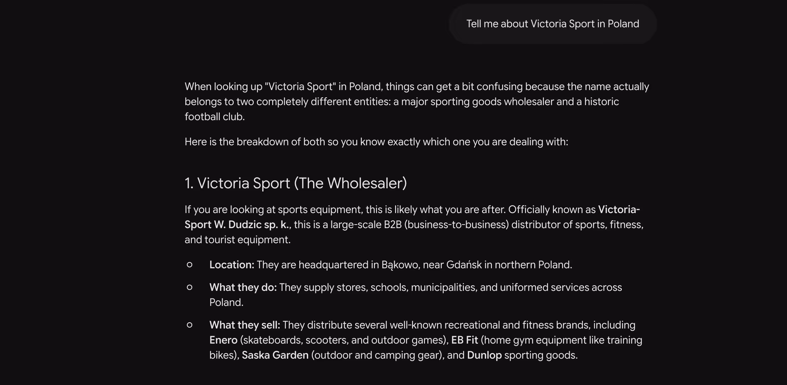 Text explaining Victoria Sport in Poland as both a sports wholesaler and a historic football club.