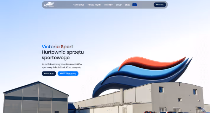 Victoria Sport logo with a modern warehouse and stylized red and blue wave shapes above the building.