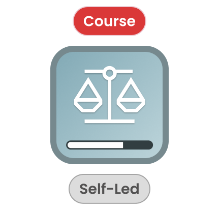 Icon of scales inside a rounded square with a progress bar below and pill-shaped labels reading 'Course' above and 'Self-Led' below.