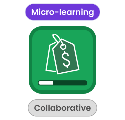 Green square icon with price tags and a progress bar, labeled Micro-learning above and Collaborative below.