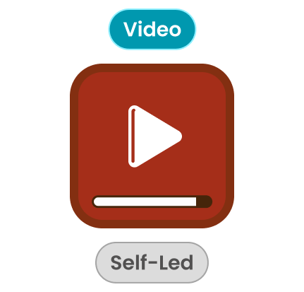 Red video player icon with a white play button and progress bar, labeled Video and Self-Led.