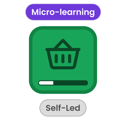 Green app icon with a shopping basket and a progress bar, labeled Micro-learning above and Self-Led below.