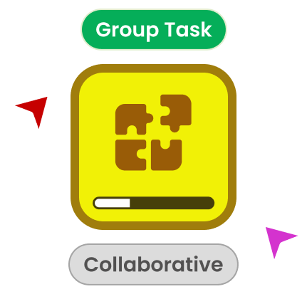 Icon showing a collaborative group task with four interlocking puzzle pieces and a progress bar beneath.