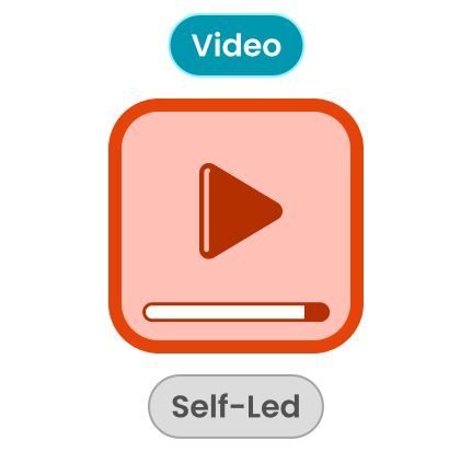 Red play button inside a rounded square with progress bar labeled video and self-led.
