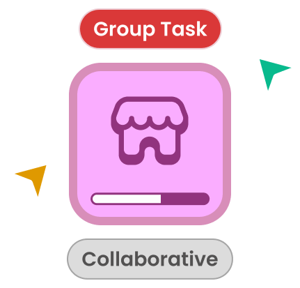 Purple icon of a storefront with a partially filled progress bar below, labeled 'Group Task' at top and 'Collaborative' at bottom with green and orange arrows.