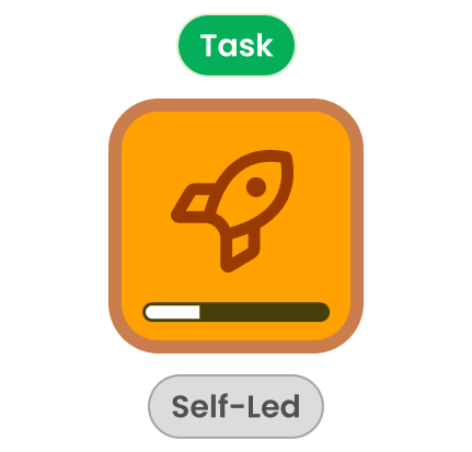 Orange square with a rocket icon and a progress bar inside, labeled with green 'Task' above and gray 'Self-Led' below.