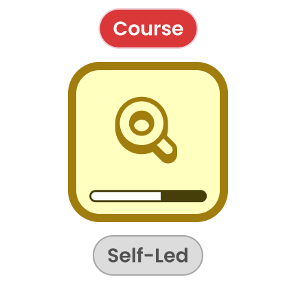 Icon of a magnifying glass above a partly filled horizontal progress bar, labeled as a self-led course.