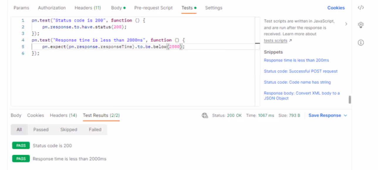 Response time below 2000ms - Postman API