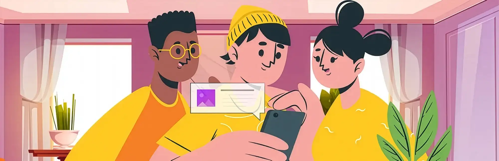 Three smiling people looking at a smartphone together, with a notification bubble, symbolising friendly interaction.