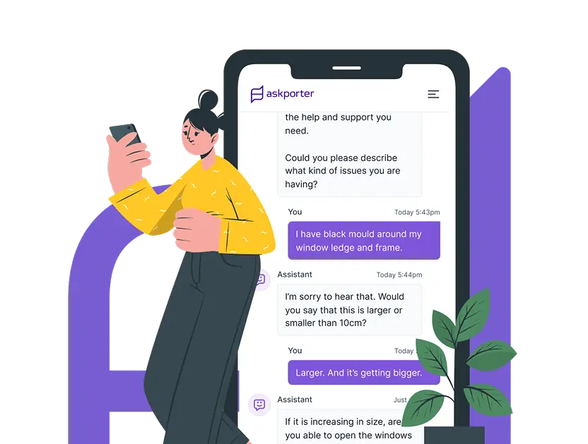 Illustration of a person chatting with the askporter assistant on their phone about black mould around a window ledge, with the assistant asking follow-up questions to assess the issue