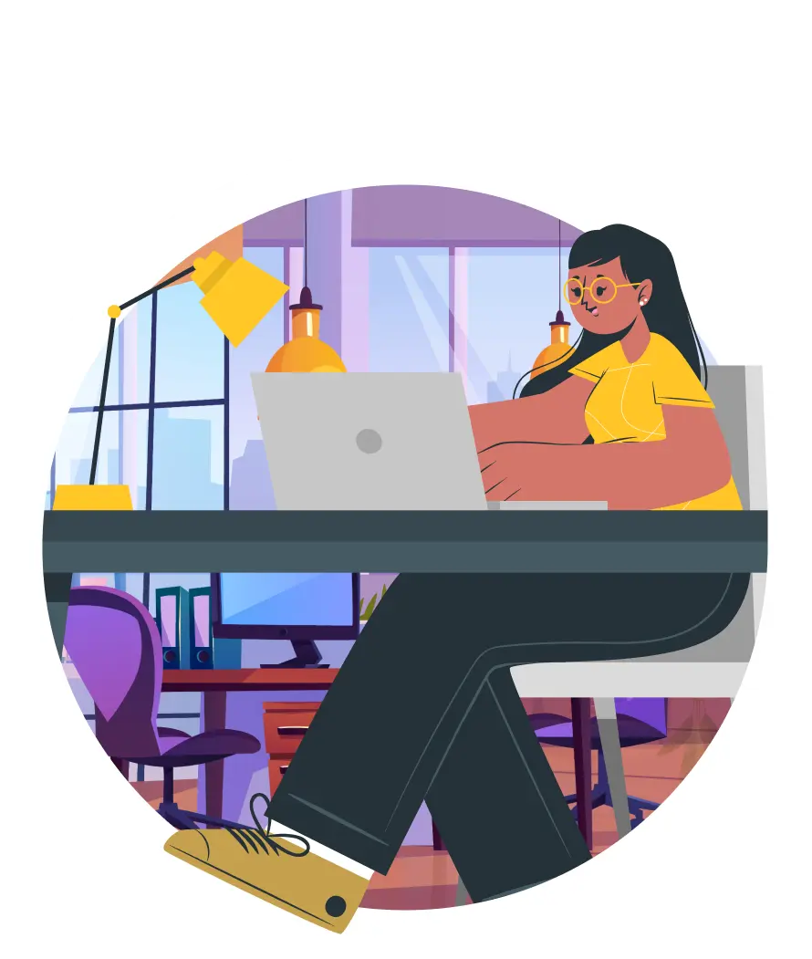 Illustration of a woman working diligently on a laptop at a desk in an office setting, suggesting managing inbound requests or office productivity.