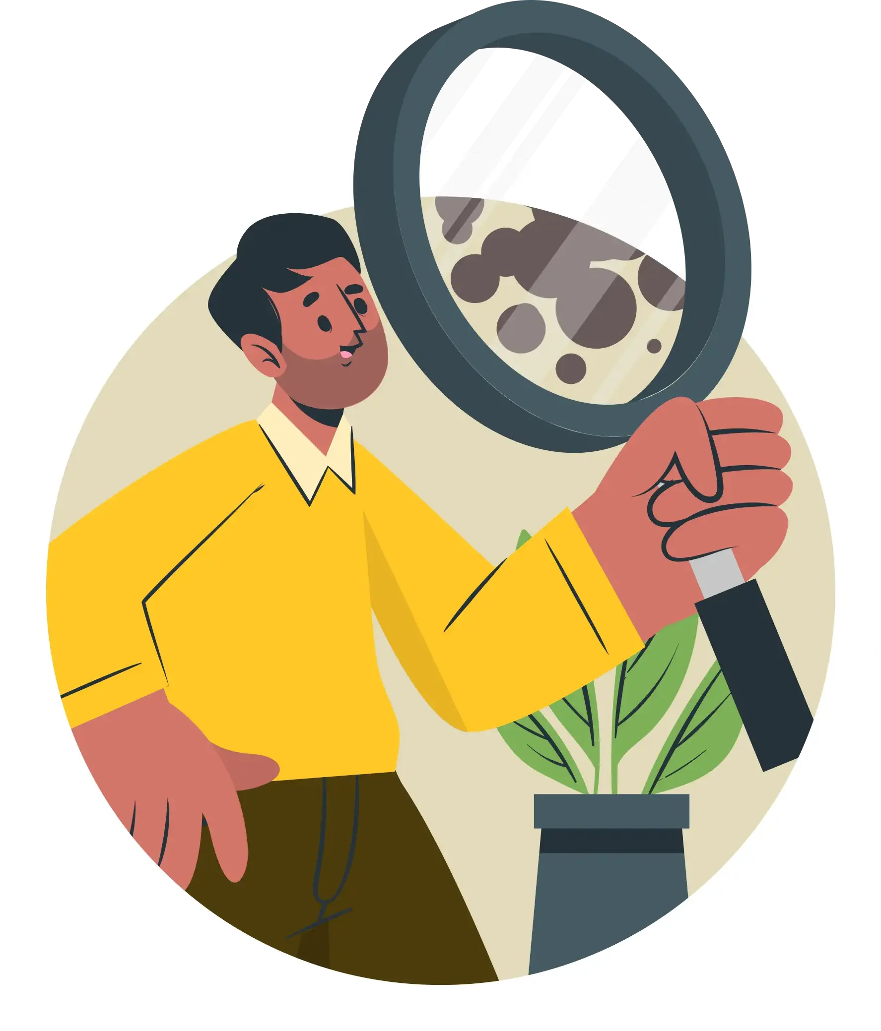 Illustration of a mould compliance agent in a yellow shirt using a magnifying glass to examine mould spores, representing the agent gathering photos and providing advice to stop mould spread.