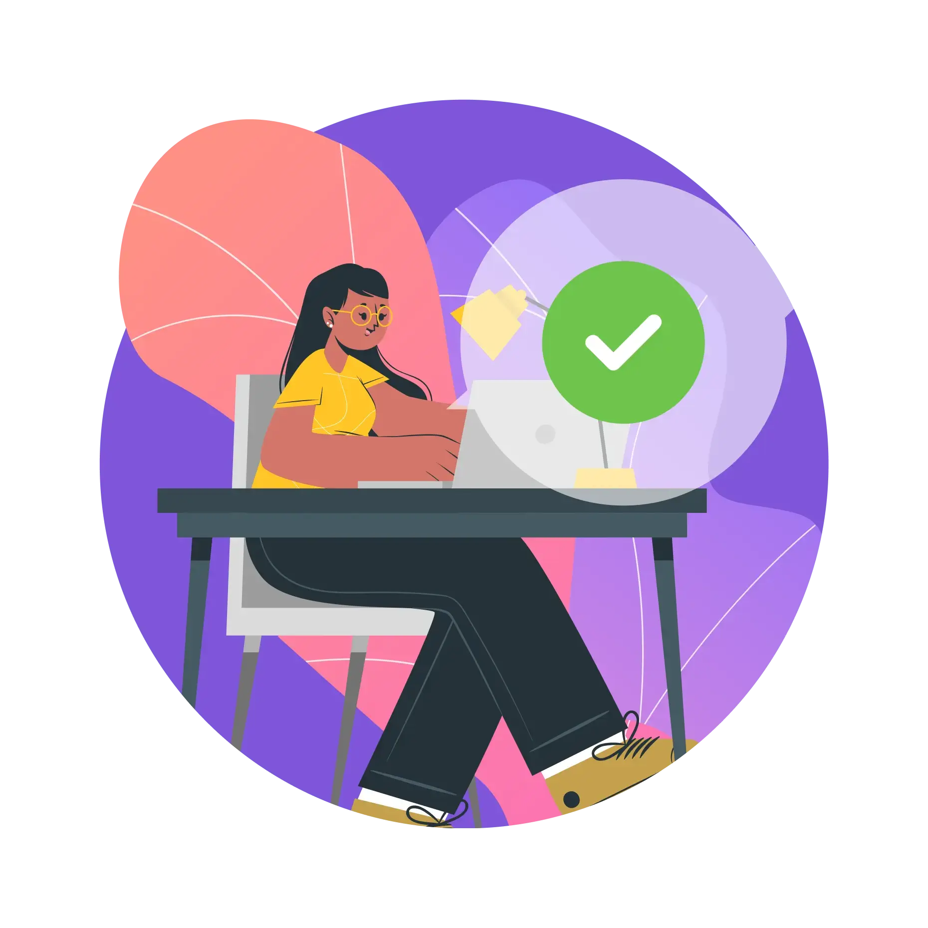 Illustration of a person at a laptop with a chat notification and green checkmark, representing compliance confirmation for Awaab's Law and safety outreach campaigns