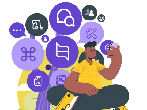Illustration of a person using a smartphone surrounded by icons for messaging, tools, tasks and documents, representing the back-end systems askporter connects to