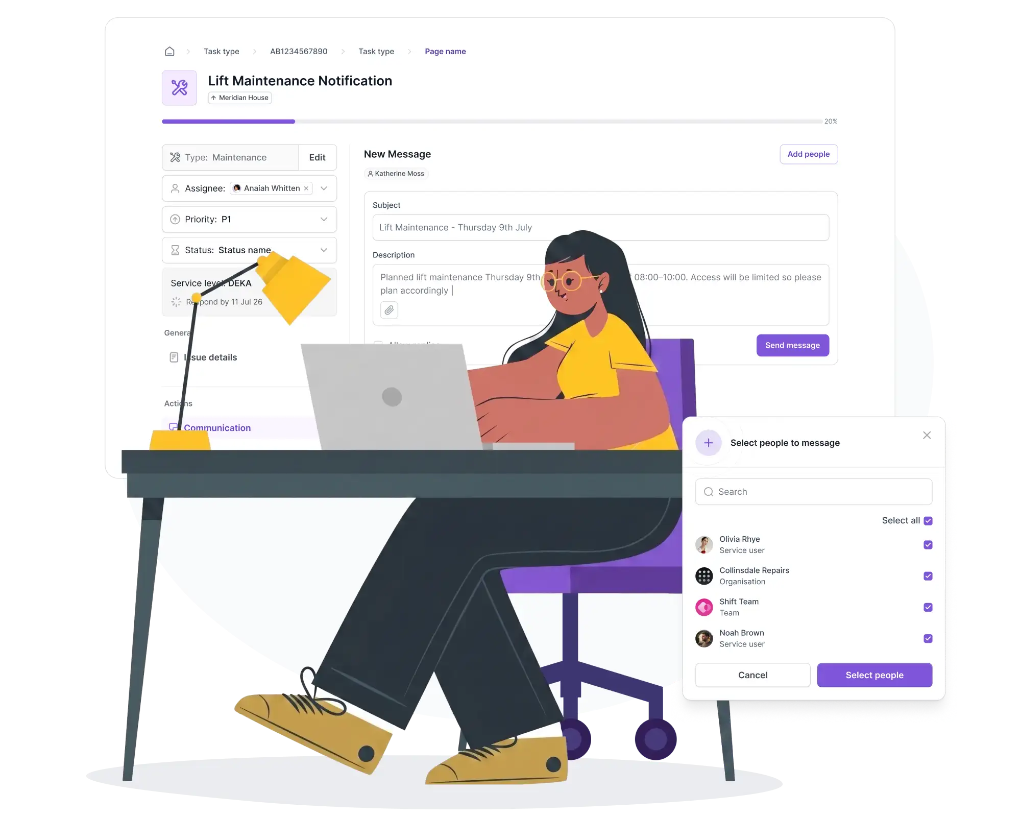 A facilities manager using askporter to send a proactive maintenance notification, composing a message about a planned lift inspection and selecting which service users and contractors to notify — all from within the task record.