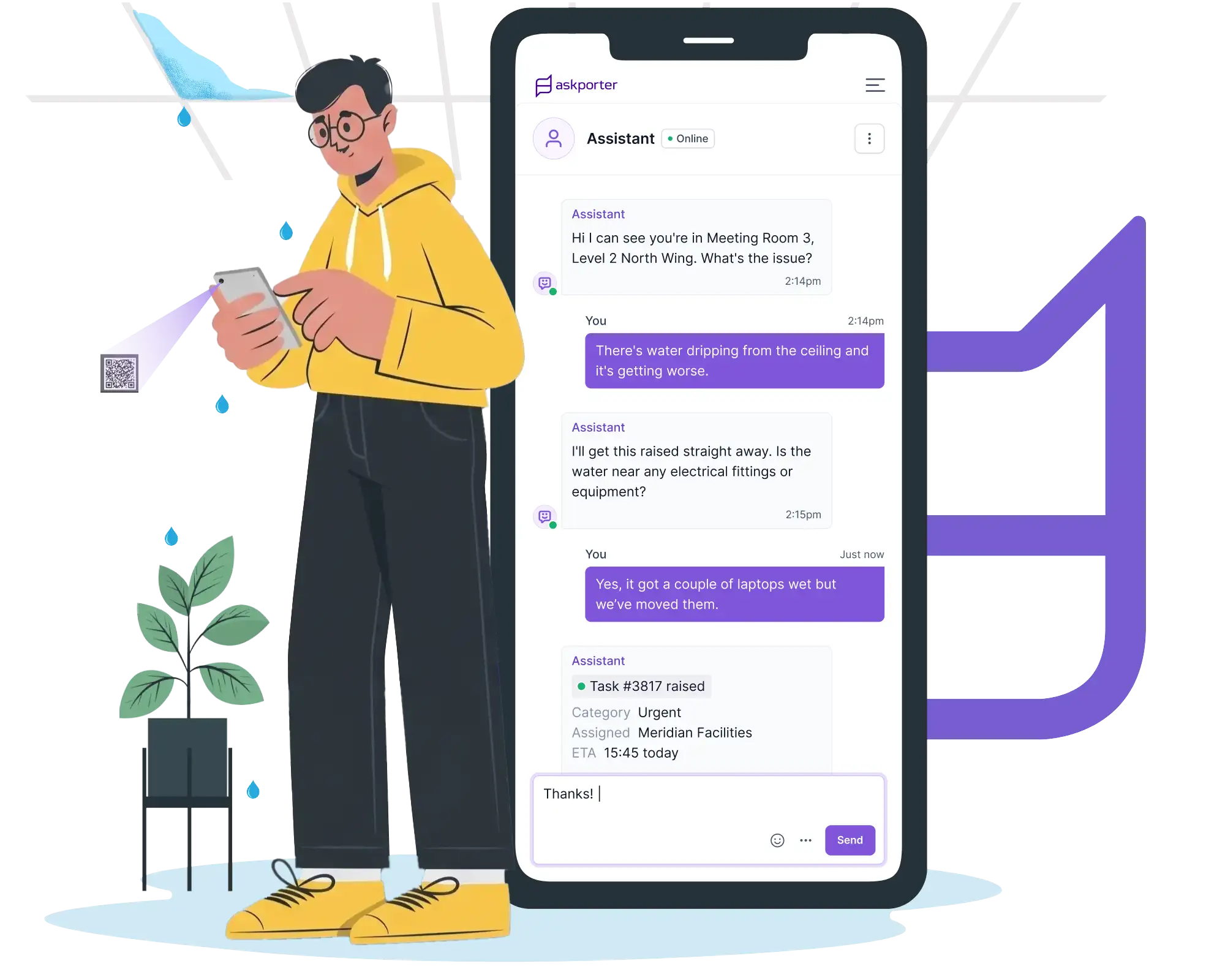 Illustration of a person reporting a ceiling water leak via chat, with askporter raising an urgent task and assigning it with an ETA