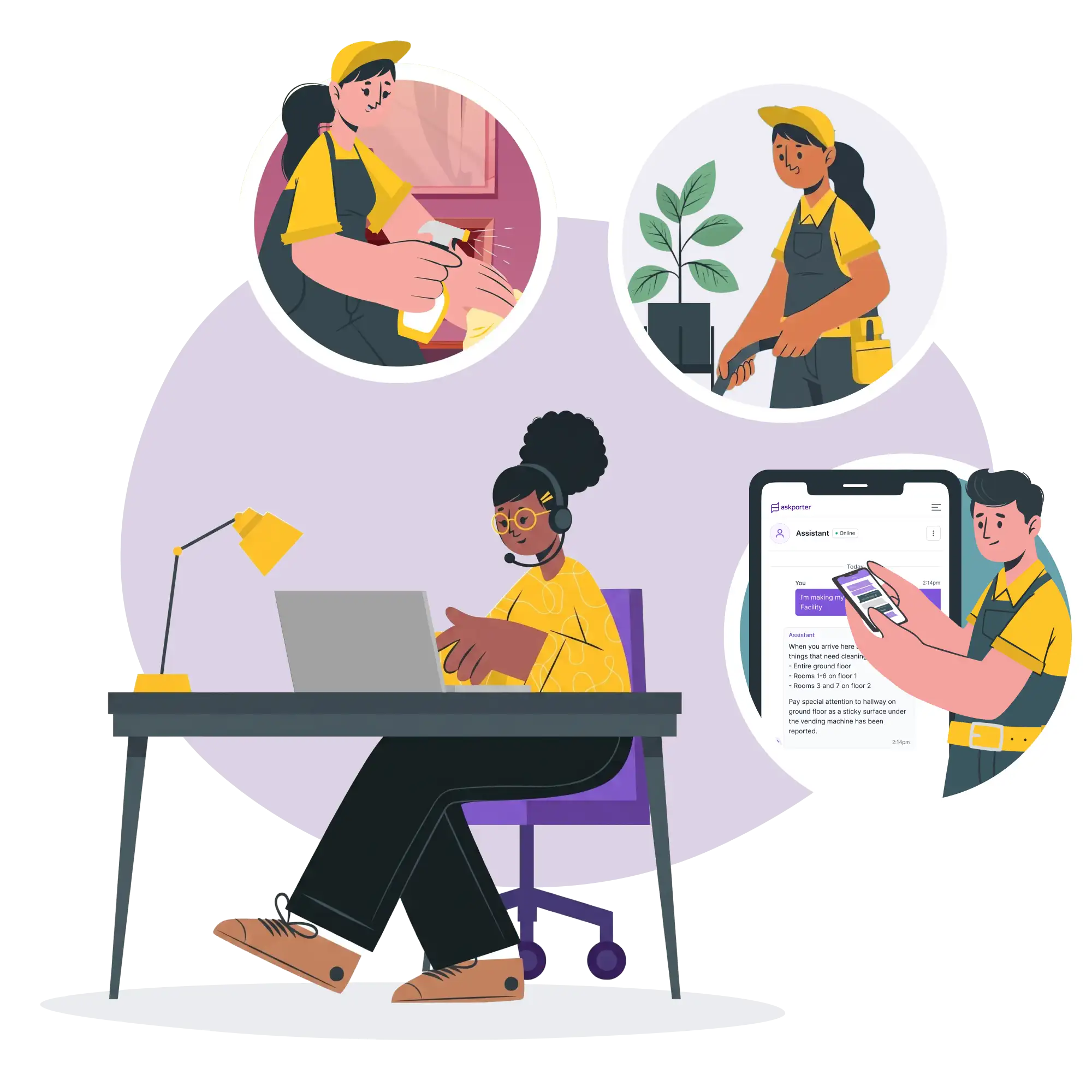 Illustration of a customer service agent at a desk using an AI assistant to manage maintenance and cleaning tasks