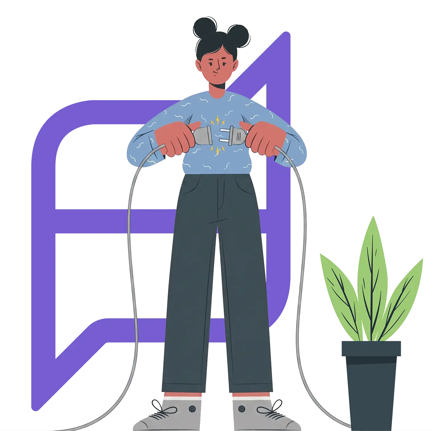 Illustration of a person connecting two plug ends together in front of a large askporter chat icon, representing how askporter plugs into existing systems