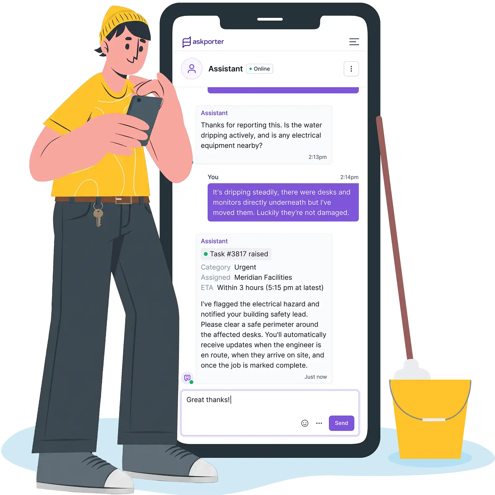 A person reporting a facilities issue via the askporter chat assistant on their smartphone, illustrating how task raisers can log and track maintenance requests instantly from any location.