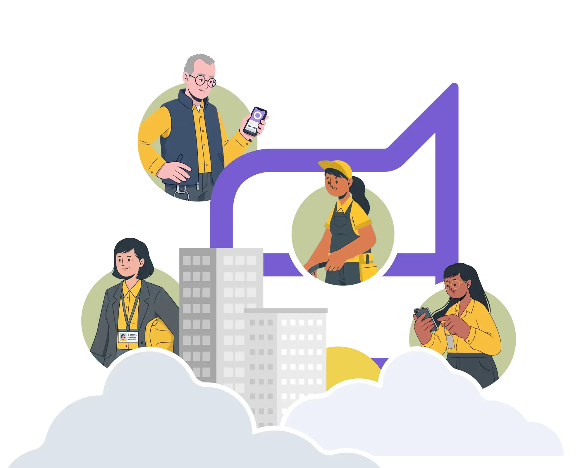 Illustration of building maintenance and office workers across different roles, representing the range of sectors askporter Operations serves