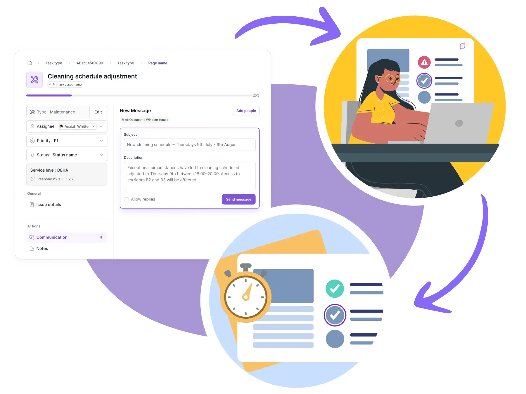 A facilities manager composing an automated cleaning schedule update in askporter, sending a message about adjusted cleaning times to all building occupants — with a task checklist showing the communication workflow from configuration to delivery.