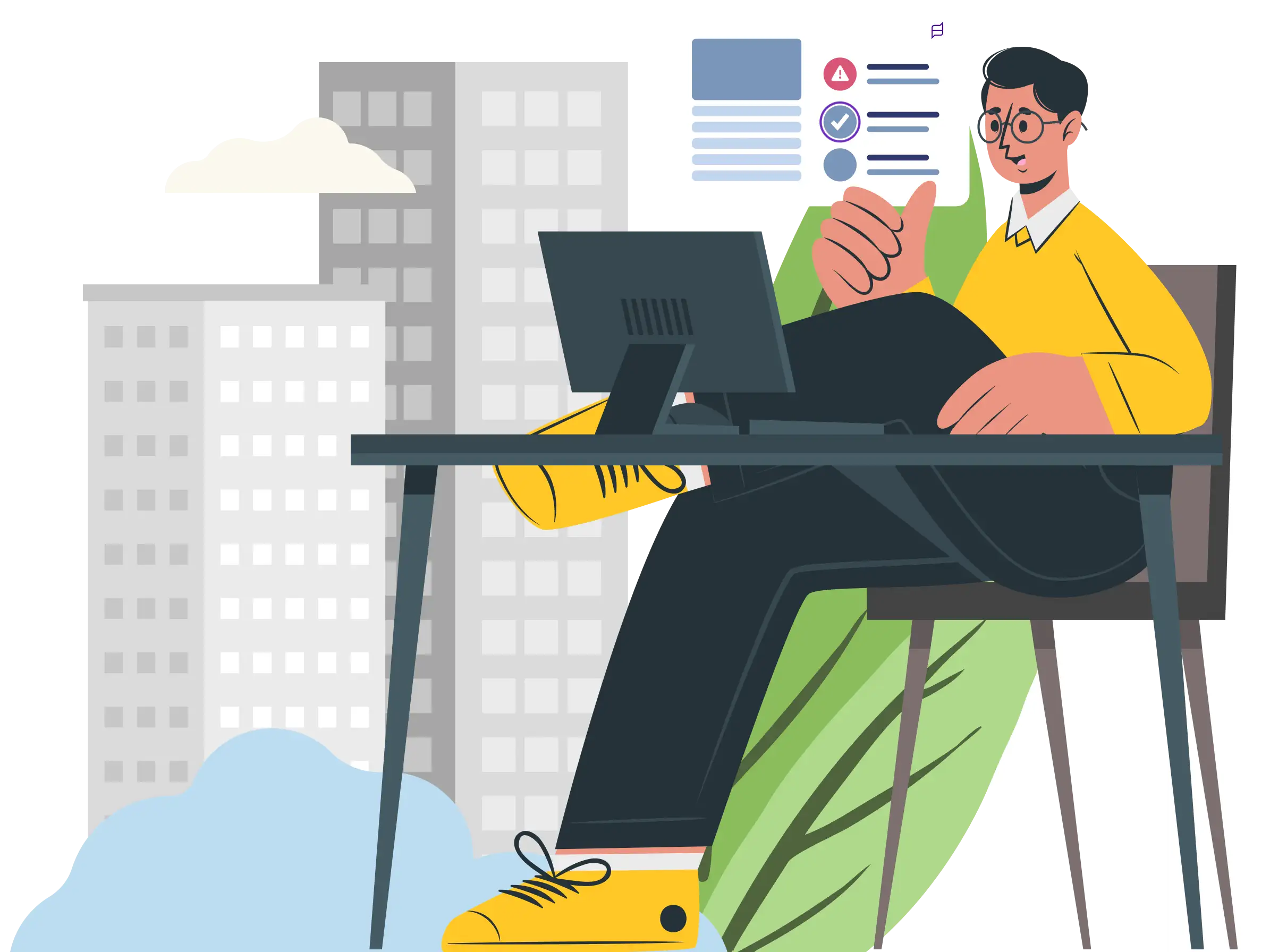 A facilities manager at their desk reviewing tasks on a computer, with a checklist document visible — representing the control and oversight that askporter's C…A facilities manager at their desk reviewing tasks on a computer, with a checklist document visible — representing the control and oversight that askporter's Control & Management scope provides across sites, SLAs, and job progress.