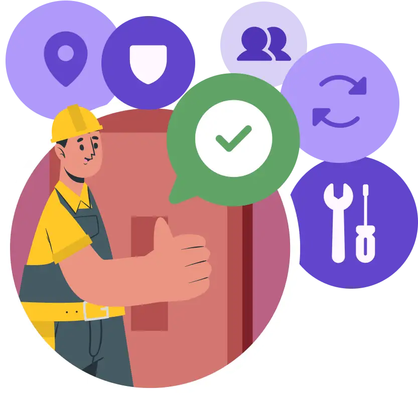 Illustration of a contractor giving a thumbs up beside a completed job confirmation, surrounded by icons for location, security, access, updates and tools