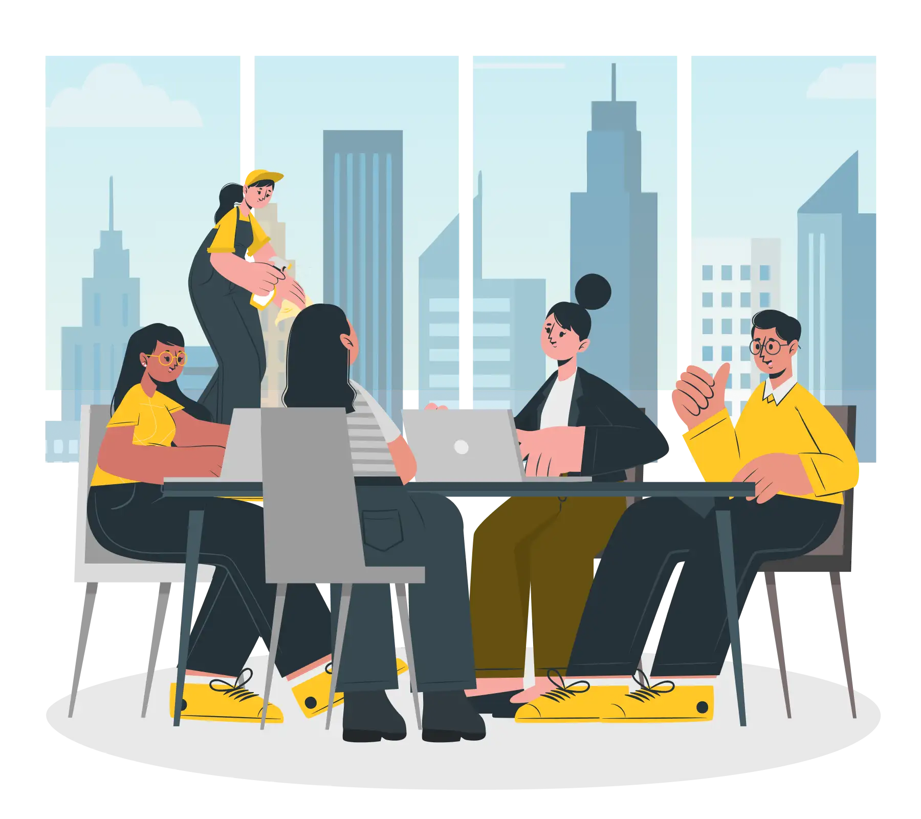 Illustration of an FM operations team meeting around a table with laptops, discussing contracts against a city skyline backdrop