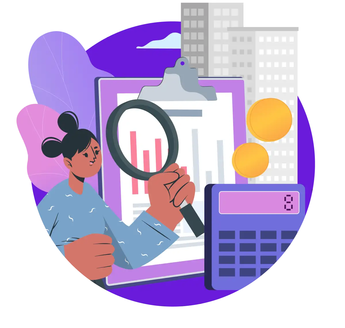 Illustration of a person examining a bar chart with a magnifying glass beside a calculator, stacked coins and city buildings, representing the Operations pricing and ROI calculator