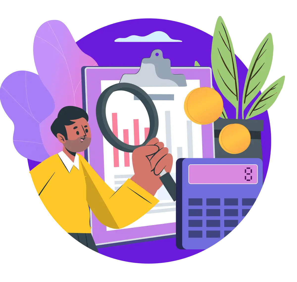Illustration of a person examining a bar chart with a magnifying glass beside a calculator and stacked coins, representing the Housing pricing and ROI calculator
